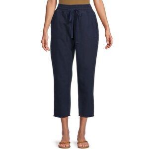 New Area Stars Drawstring Waist Raw Hem Crop Pants Cotton Navy Blue Size Small